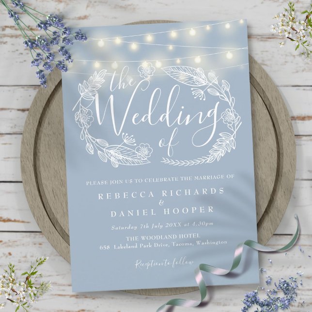 Dusty Blue String Lights Script Wedding Einladung (Dusty Blue String Lights Script Wedding Invitation)