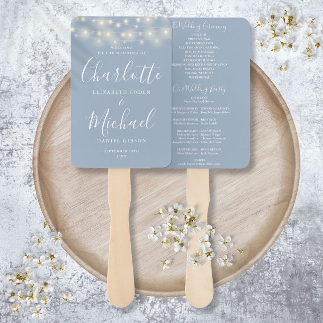 Dusty Blue String Lights Script Wedding Program Fächer (Dusty Blue String Lights Script Wedding Program Hand Fan)