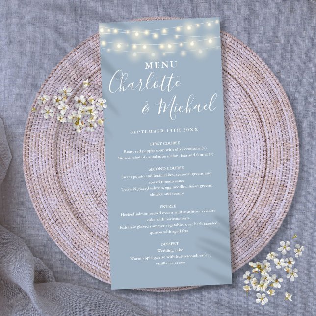Dusty Blue String Lights Signature Wedding Menu Menükarte (Dusty Blue String Lights Signature Wedding Menu)