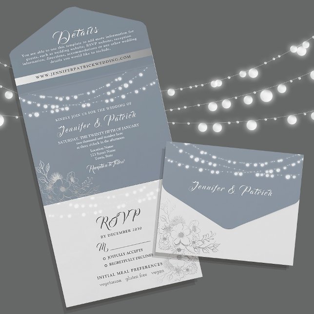 Dusty Blue String Lights Wedding All In One Einladung (Von Creator hochgeladen)