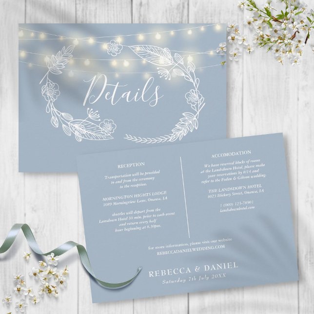 Dusty Blue String Lights Wedding Details Card Einladung (Dusty Blue String Lights Wedding Details Card)