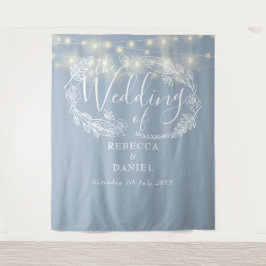 Dusty Blue String Lights Wedding Foto Background Wandteppich