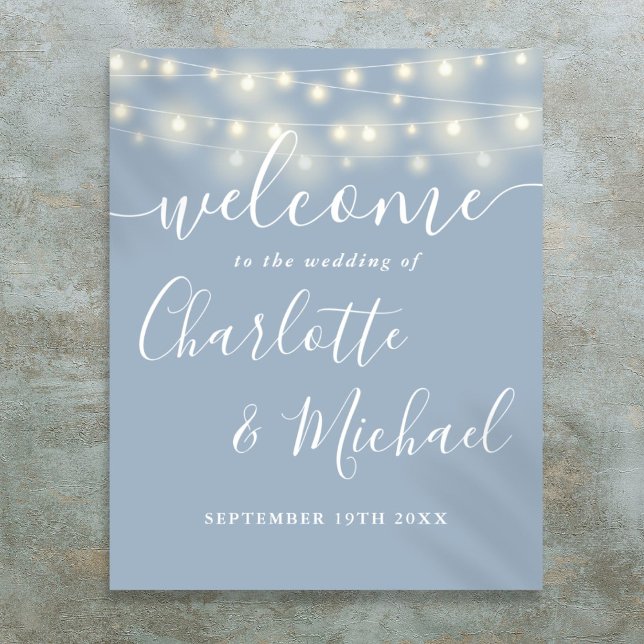 Dusty Blue String Lights Wedding Welcome Sign Poster (Dusty Blue String Lights Wedding Welcome Sign)