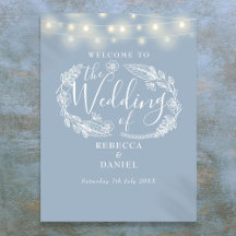 Dusty Blue String Lights Wedding Welcome Sign