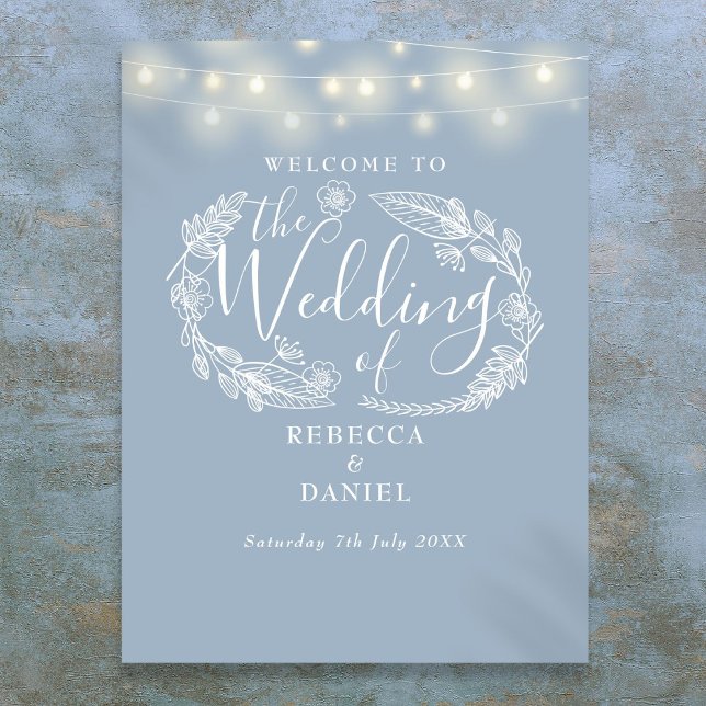 Dusty Blue String Lights Wedding Welcome Sign Poster (Dusty Blue String Lights Wedding Welcome Sign)