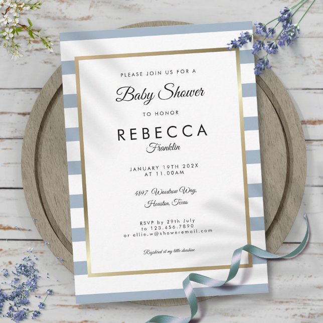 Dusty Blue Stripe Gold Baby Dusche Einladung (Dusty Blue Stripe Gold Baby Shower Invitation)