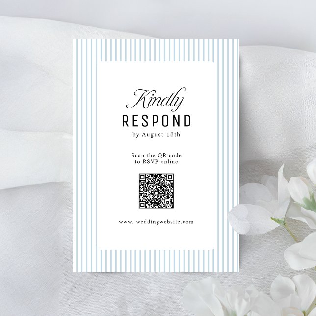 Dusty Blue Striped Elegance Classy QR Code Wedding RSVP Karte (Dusty Blue Striped Elegance Classy QR Code Wedding RSVP Card)