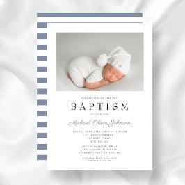 Dusty Blue Stripes Elegantes Foto Boy Taufe Einladung