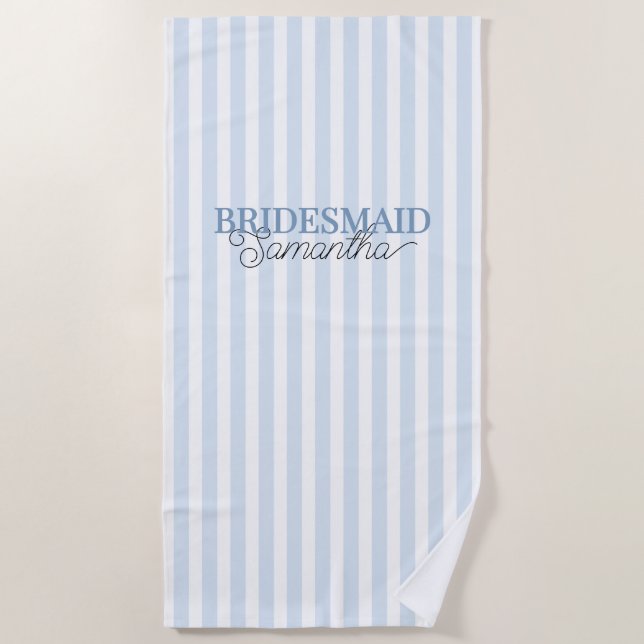 Dusty Blue Striping Personalisiert Name Bridesmaid Strandtuch (Vorderseite)