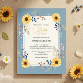 Dusty Blue Sunflower Bridal Shower Gold Frame Einladung