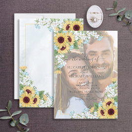 Dusty Blue Sunflower Vellum Overlay Foto Hochzeit Einladung