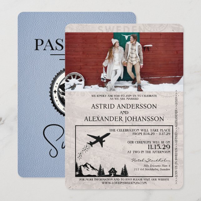 Dusty Blue Sweden Passport Wedding Einladung (Vorne/Hinten)