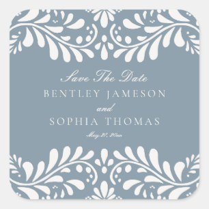 Dusty Blue Talavera Fiesta Save the Date Envelope Quadratischer Aufkleber