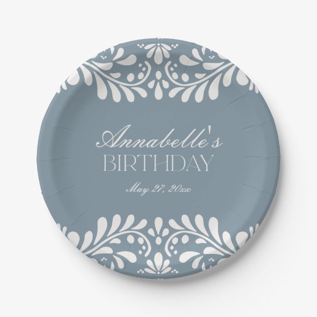 Dusty Blue Talavera Tile Fiesta Geburtstag Pappteller (Vorderseite)