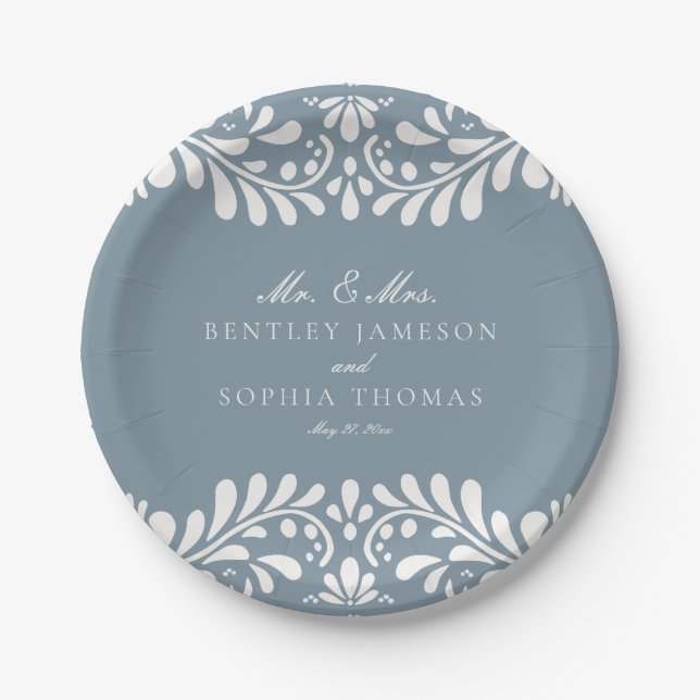 Dusty Blue Talavera Tile Spanish Fiesta Wedding Pappteller (Vorderseite)