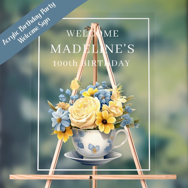 Dusty Blue Teacup Gelbe Blumen Acrylschild (Acrylic blue teacup and yellow flowers birthday party welcome sign)