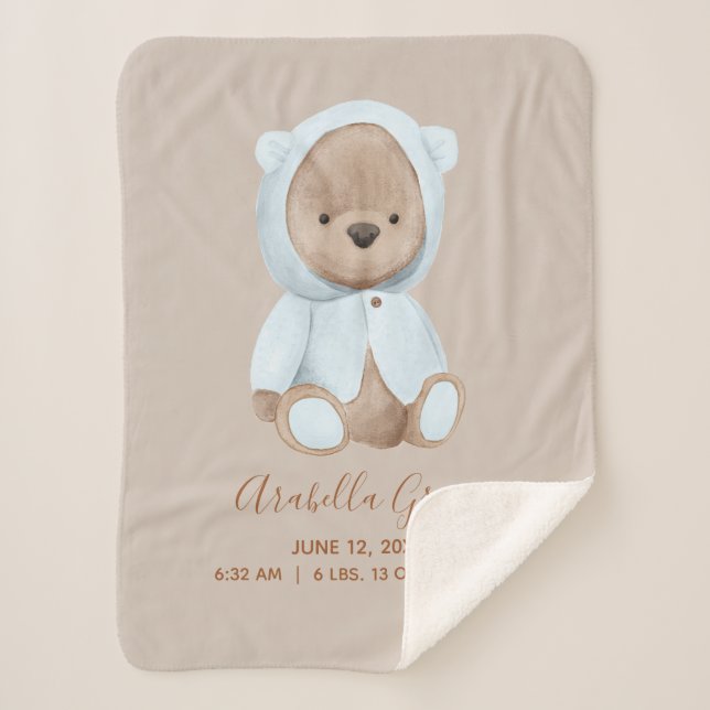 Dusty Blue Teddy Bear Baby Birth Stats Sherpadecke (Vorderseite)