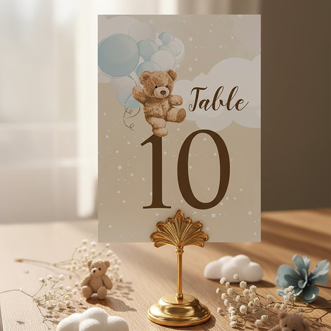 Dusty Blue Teddy Bear Balloon Baby Shower Tischnummer (Teddy Bear Baby Shower Table Number Cards | Dusty Blue Teddy Bear Baby Shower | Boy Teddy Bear)