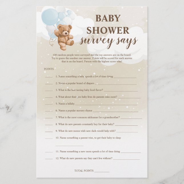 Dusty Blue Teddy Bear Survey sagt Babydusche Flyer (Vorne)