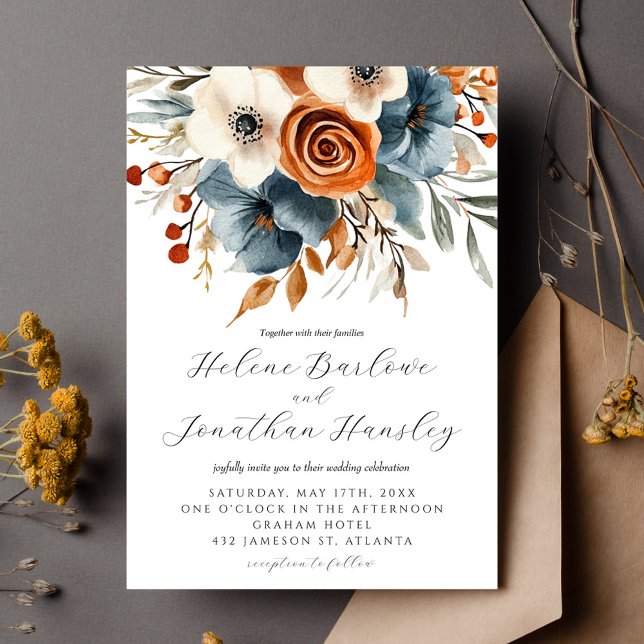 Dusty Blue Terracotta auf dem Boho Parco Tassino Einladung (Dusty Blue Terracotta Boho Floral Elegant Wedding Invitation)