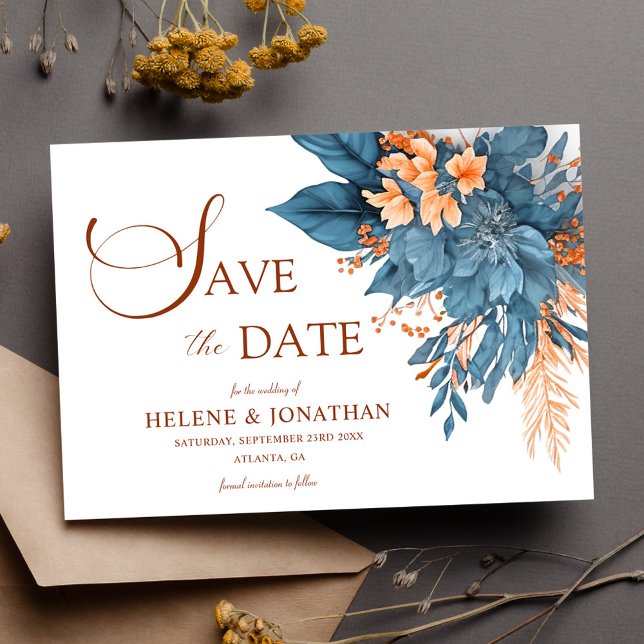 Dusty Blue Terracotta Boho Hochzeitsreise mit dem  Save The Date (Dusty Blue Terracotta Boho Elegant Floral Wedding Save The Date)
