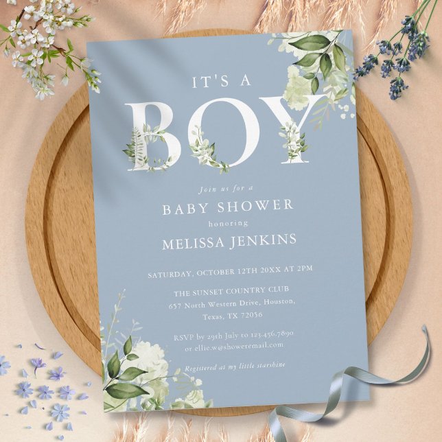 Dusty Blue The a Boy Greenerity Letter Baby Dusche Einladung (Dusty Blue Its A Boy Greenery Letter Baby Shower Invitation)