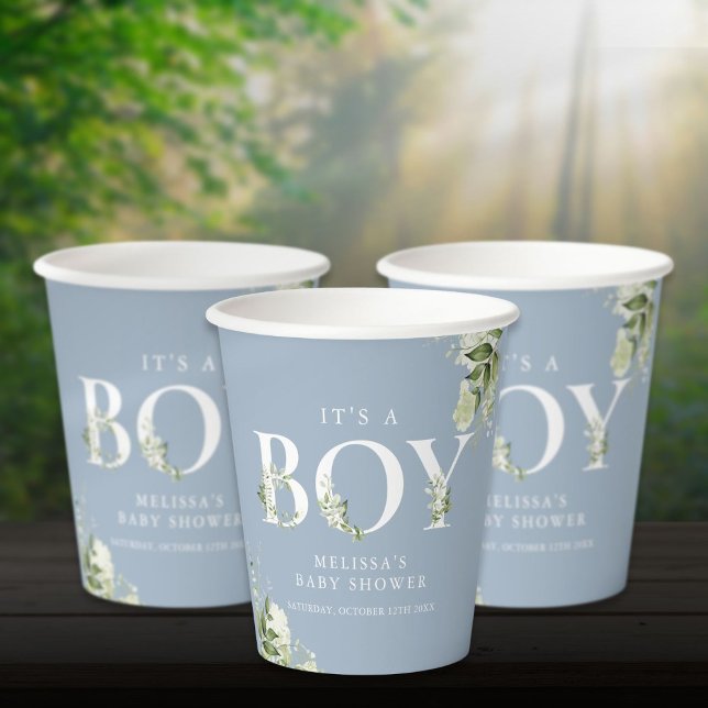 Dusty Blue The a Boy Greenerity Letter Baby Dusche Pappbecher (Dusty Blue Its A Boy Greenery Letter Baby Shower Paper Cups)