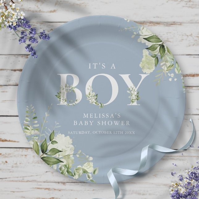 Dusty Blue The a Boy Greenerity Letter Baby Dusche Pappteller (Dusty Blue Its A Boy Greenery Letter Baby Shower Paper Plates)