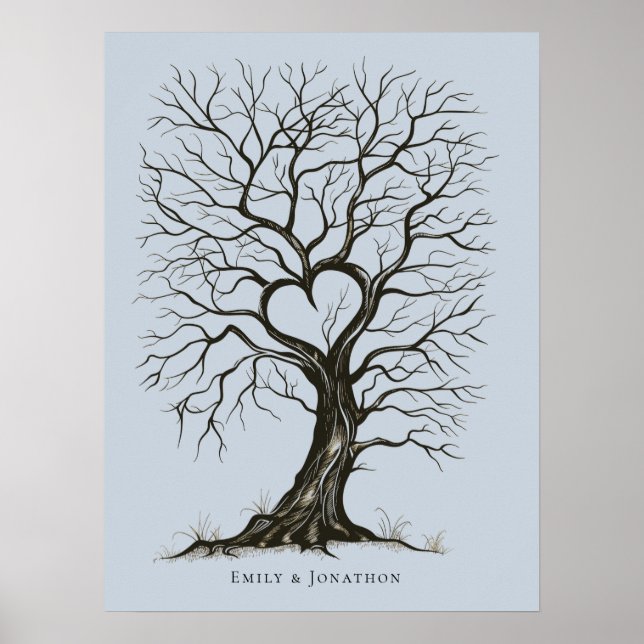 Dusty Blue Thumb Print Tree Wedding Gästebuch (Vorne)