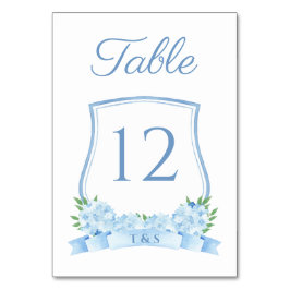 Dusty Blue Timeless Hydrangea Wappen Wedding Tischnummer