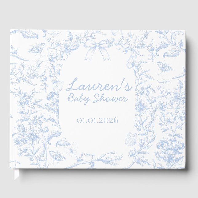 Dusty Blue Toile Boy Baby Dusche Gästebuch (Vorderseite)