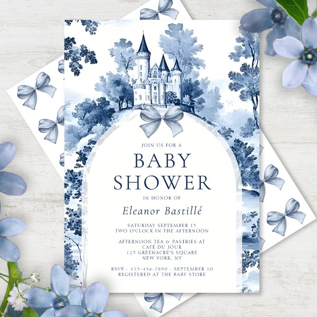 Dusty Blue Toile De Jouy French Baby Shower Einladung (Von Creator hochgeladen)