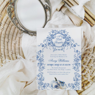 Dusty Blue Toile Floral Pumpkin Boy Baby Dusche Einladung