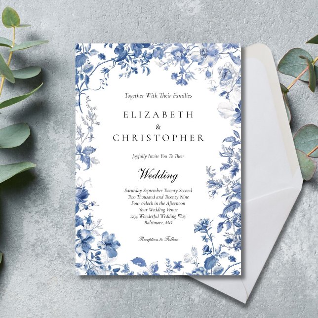 Dusty Blue Toile Floral Watercolor Einladung (Dusty Blue Toile Floral Watercolor Elegant Wedding invitation)
