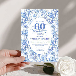 Dusty Blue Toile Roses 60th Birthday Digital Einladung