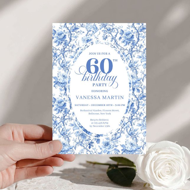 Dusty Blue Toile Roses 60th Birthday Digital  Einladung (Dusty Blue Toile Roses 60th Birthday Digital Invite

)