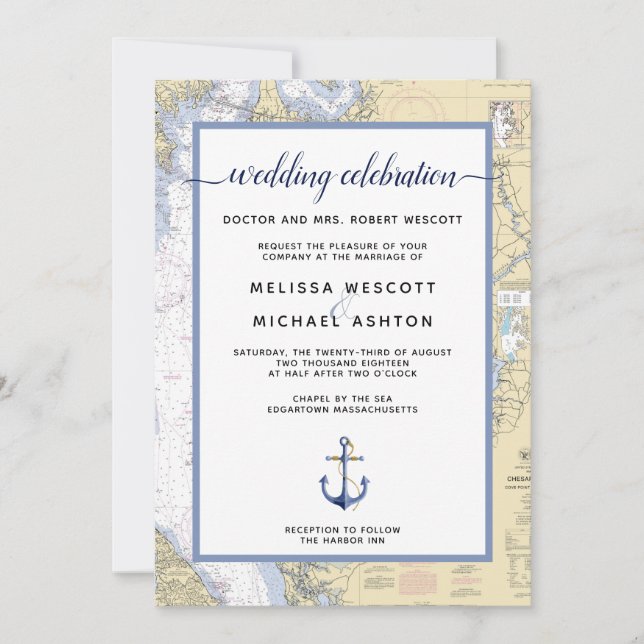 Dusty Blue Traditional Nautical Event / Hochzeit Einladung (Vorderseite)
