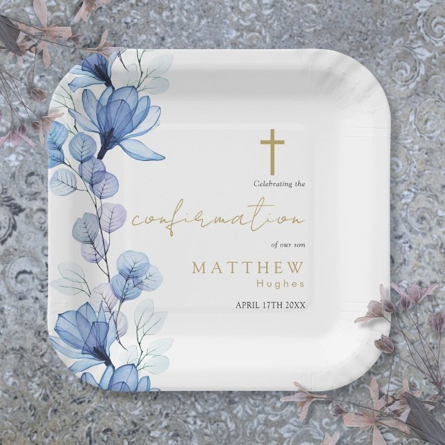 Dusty Blue Transparent Floral Confirmation Pappteller (Dusty Blue Transparent Floral Confirmation Paper Plates)
