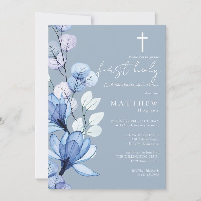 Dusty Blue Transparent Floral First Holy Communion Einladung (Vorderseite)