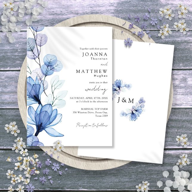 Dusty Blue Transparent Floral Monogram Wedding Einladung (Dusty Blue Transparent Floral Monogram Wedding Invitation)