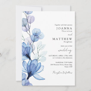 Dusty Blue Transparent Floral QR Code Wedding Einladung