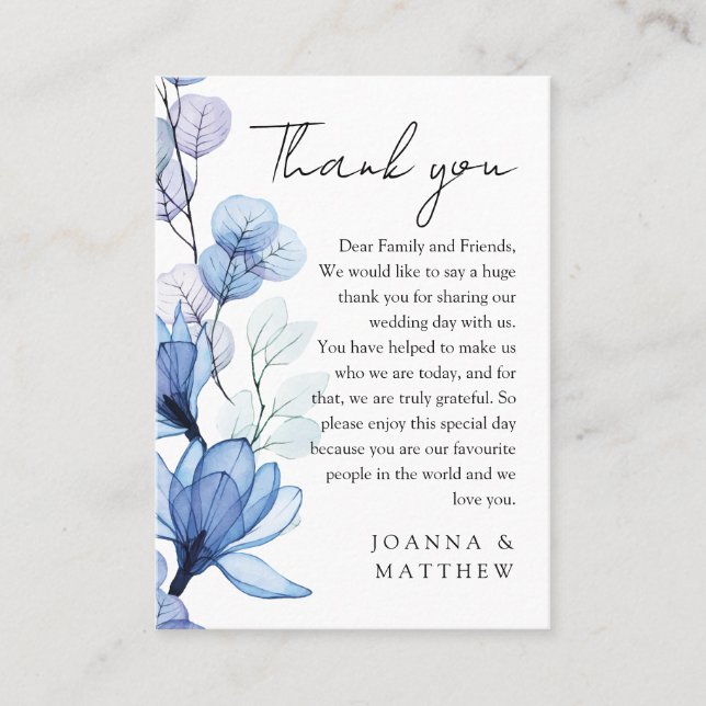 Dusty Blue Transparent Floral Wedding Vielen Dank Platzkarte (Vorderseite)