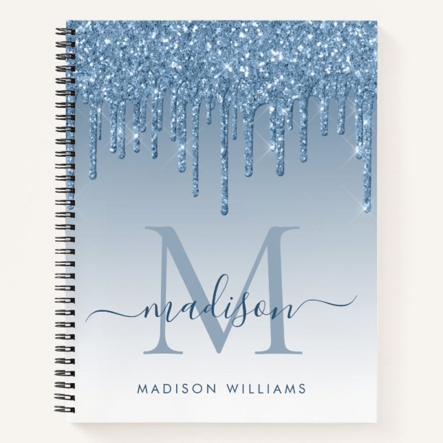 Dusty Blue Tropfens Glitzer Sparkle Monogram Scrip Notizbuch (Vorderseite)