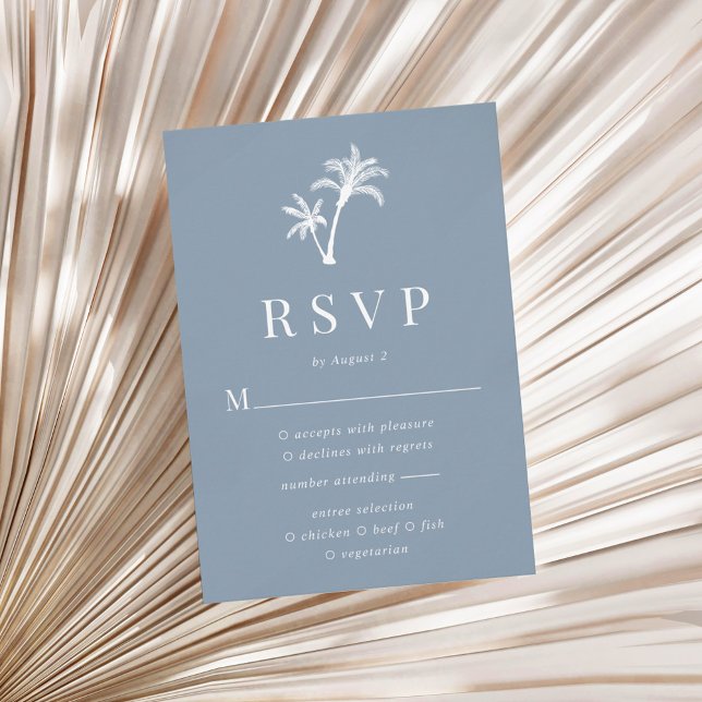 Dusty Blue Tropical Beach Palm Tree Wedding RSVP Karte (Von Creator hochgeladen)