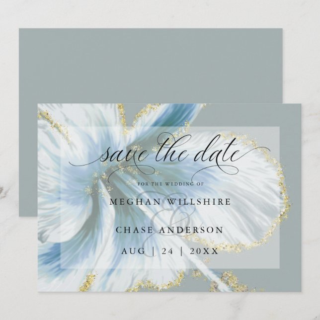 Dusty Blue Tropical Blume Aquarell Rett Dat Save The Date (Vorne/Hinten)
