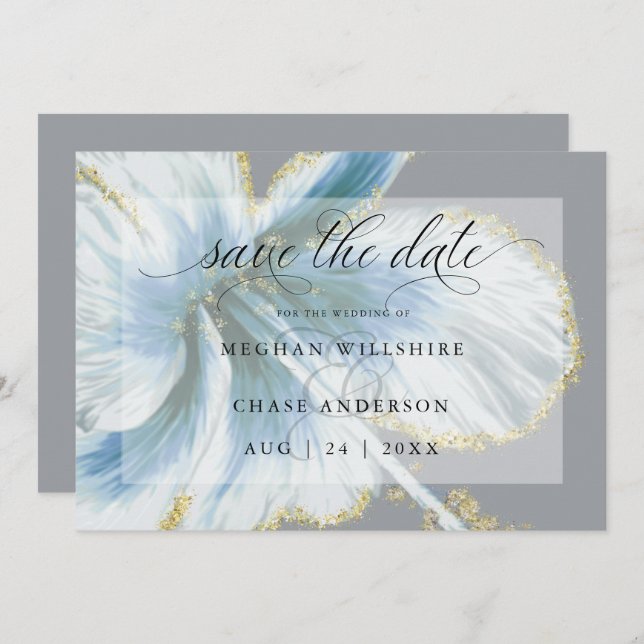 Dusty Blue Tropical Blume Watercolor Save The Date (Vorne/Hinten)