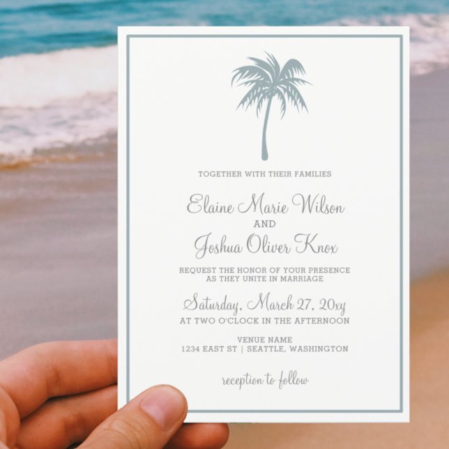 Dusty Blue Tropical Palm Tree Hochzeiten Einladung (Von Creator hochgeladen)