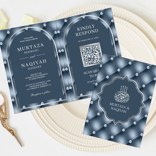 Dusty Blue Tufted Muster QR Code Muslim Hochzeit Einladung (Von Creator hochgeladen)
