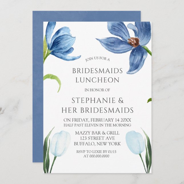 Dusty Blue Tulip Peony Bridesmaids Luncheon Einladung (Vorne/Hinten)