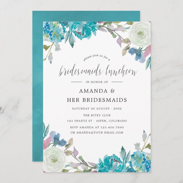 Dusty Blue & Turquoise Floral Bridesmaids Luncheon Einladung (Vorne/Hinten)